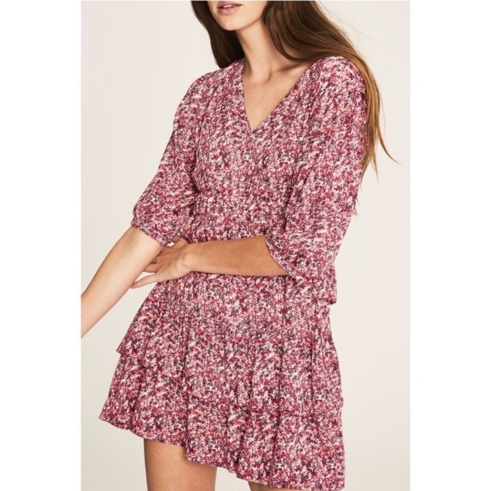 BA&SH Nina Tiered Printed Crepe Mini Dress / Small / Fuschia